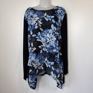 Chicos Top Womens Size 4X Blue Floral Tunic Sheer Asymmetric Flowy Mature Casual